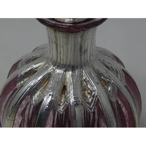 586 - Silver Clad Pink Ground Glass Scent Bottle with Stopper: Measures 12.5cm high