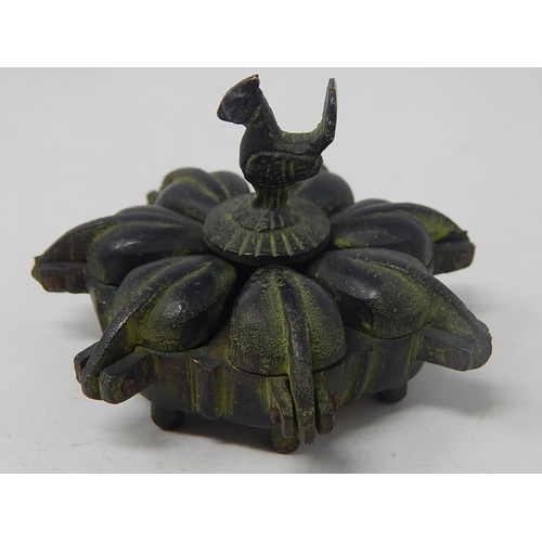 589 - Indian Bronze Spice Box with Bird Finial: Measures 7cm diameter