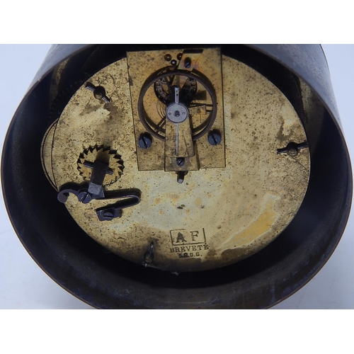 590 - Antique Drum Clock: Marked to the movement A.F BREVETE: Working when catalogued but no key.