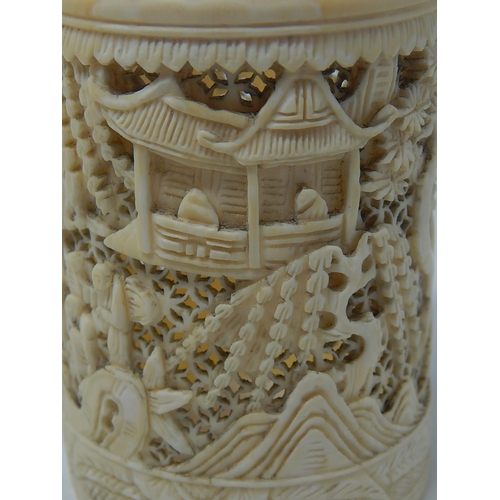 591 - C19th Chinese Canton Carved Ivory Sleeve with Intricate Carving of a continual scene of figures with... 