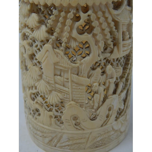 591 - C19th Chinese Canton Carved Ivory Sleeve with Intricate Carving of a continual scene of figures with... 