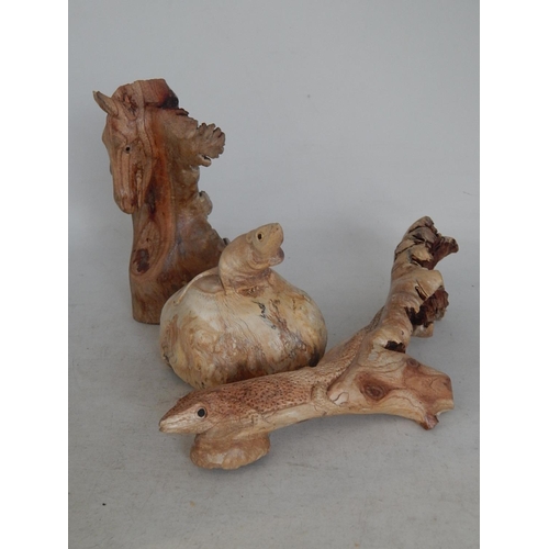 599 - Three Carved Driftwood Figures of a Field Mouse, Lizard & a Horse: The largest measuring 25cm wide