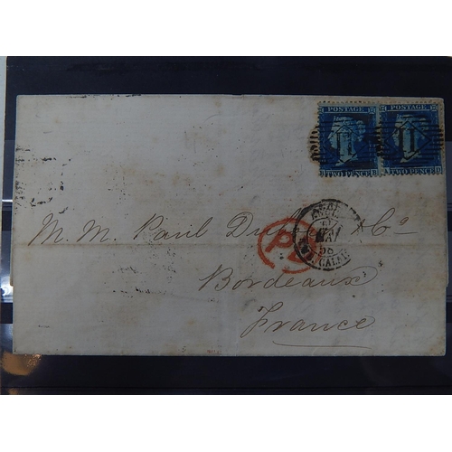 104 - Pair of Queen Victoria Twopenny Blue stamps on entire addressed to Bordeaux, France with multiple ca... 