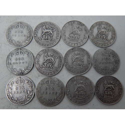 111 - Collection of early Silver Sixpences:  1895, 1898, 1906, 1907, 1908, 1911, 1913, 1914 1915, 1916, 19... 