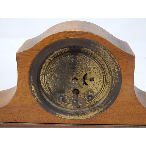 601 - 1920's Oak Cased Mantle Clock of Small Proportions: Measures 26cm wide: Working when catalogued.