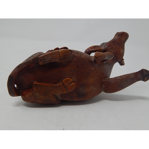 609 - Chinese Carved Wooden Ox with a Figure on Its Back: Measures 14cm wide: A/F