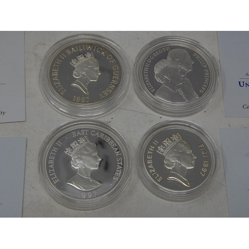 3 - UK Silver Proof £5 1997; East Caribbean States Proof Silver 10 Dollars with 22 carat gold cameo; Gue... 