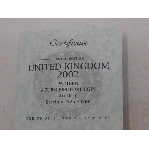 15 - Rare UK 2002 Pattern 5 Euro PIEDFORT coin struck in Sterling .925 Silver cased, one of only 5,000 pi... 