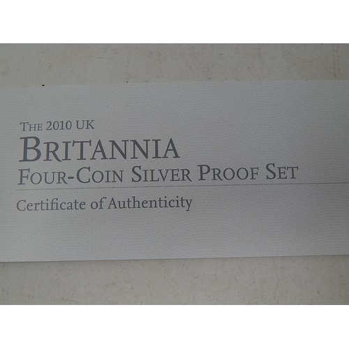 18 - Britannia four coin Silver Proof Set 2010 in case of issue about as struck
