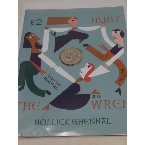 21 - 2018 Wren £2 coin in pack; 2017 Falkland Islands coloured 50p in pack; Gibraltar 2018 coloured 50p i... 