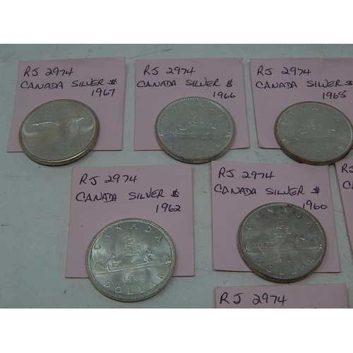 33 - Collection of Canada Silver Dollars 1939, 1953, 1958, 1959, 1960, 1962, 1963, 1964, 1965, 1966 & 196... 