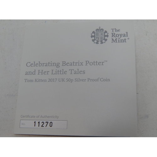53 - Beatrix Potter Flopsy Bunny Proof Silver 50p; Tom Kitten Proof Silver 50p both in Royal Mint cases w... 