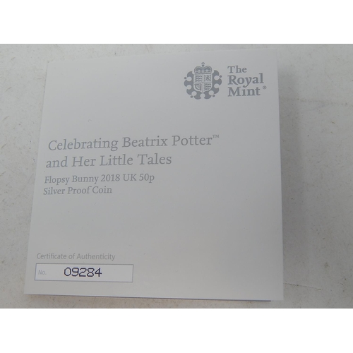 53 - Beatrix Potter Flopsy Bunny Proof Silver 50p; Tom Kitten Proof Silver 50p both in Royal Mint cases w... 