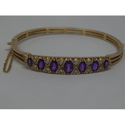 270 - Diamond & Amethyst Set Bangle in Hallmarked 9ct Gold with Safety Chain: Gross Weight 14.5g