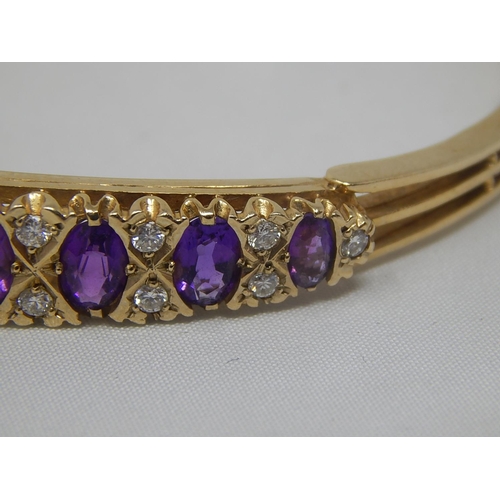 270 - Diamond & Amethyst Set Bangle in Hallmarked 9ct Gold with Safety Chain: Gross Weight 14.5g