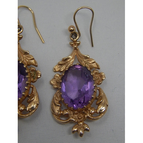 271 - Pair of Large Amethyst Set Earrings in Hallmarked 9ct Gold: 3.6cm Drop.