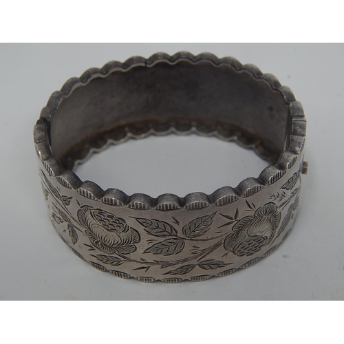 281 - Victorian Sterling Silver Wide Cuff Bangle Engraved With Foliate Decoration.