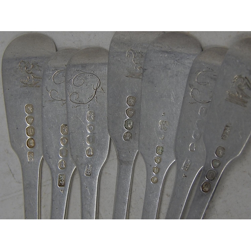 288 - Seven C19th Silver Dessert Fork: Various Dates & Makers: Length 17cm: Weight 300g