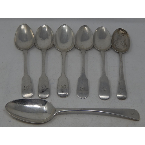 290 - Six C19th Silver Dessert Spoons (17cm) Together with a Georgian Serving Spoon (22cm): Various Dates ... 