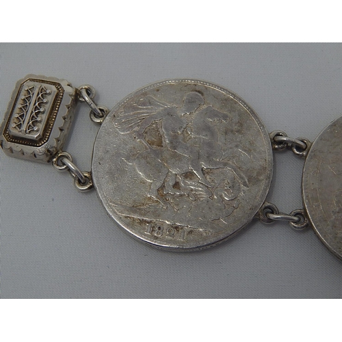 309 - Heavy Silver Bracelet Composed of George III & George IV Silver Crowns: Measures 21cm: Weight 121g