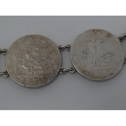 309 - Heavy Silver Bracelet Composed of George III & George IV Silver Crowns: Measures 21cm: Weight 121g