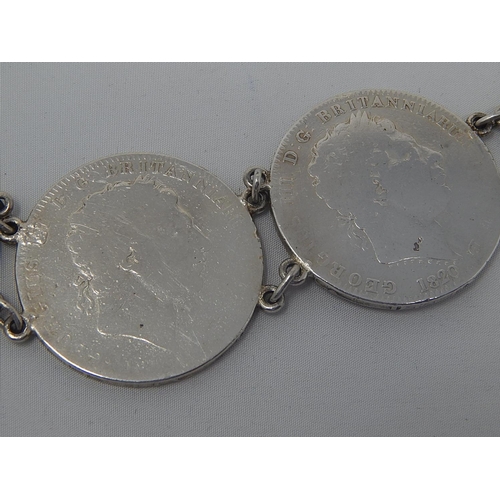 309 - Heavy Silver Bracelet Composed of George III & George IV Silver Crowns: Measures 21cm: Weight 121g