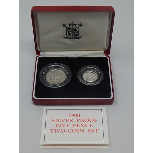 247 - 1990 Silver Proof 5 Pence (2) Coin Set in Case of Issue With COA