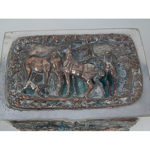 317 - C19th Silver Plated Tea Caddy With Cast Panels Depicting Horses & Jocky: Measures 15.5cm wide x 11cm... 