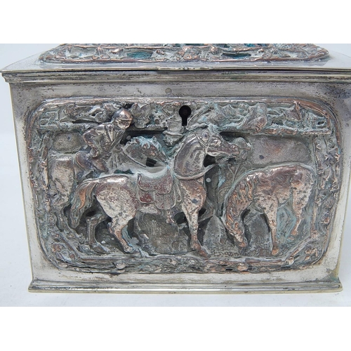 317 - C19th Silver Plated Tea Caddy With Cast Panels Depicting Horses & Jocky: Measures 15.5cm wide x 11cm... 