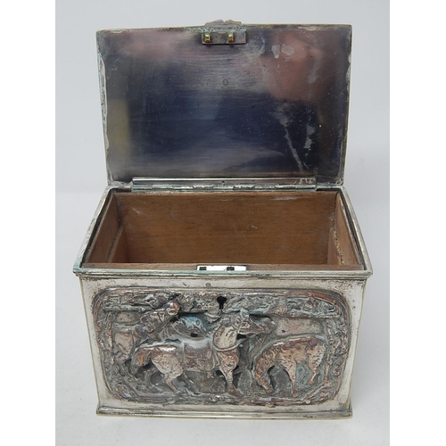 317 - C19th Silver Plated Tea Caddy With Cast Panels Depicting Horses & Jocky: Measures 15.5cm wide x 11cm... 