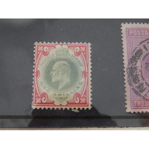 223 - Edward VII One Shilling dull Green and Carmine; 2s 6d lilac; 5s bright carmins; first Mint Hinged; o... 