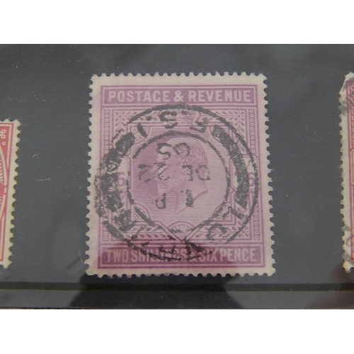 223 - Edward VII One Shilling dull Green and Carmine; 2s 6d lilac; 5s bright carmins; first Mint Hinged; o... 