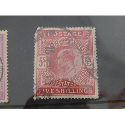 223 - Edward VII One Shilling dull Green and Carmine; 2s 6d lilac; 5s bright carmins; first Mint Hinged; o... 