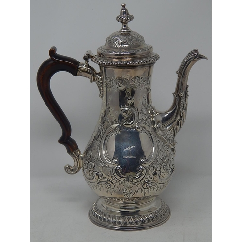 323 - C18th Silver Coffee Pot Hallmarked London 1769 by Charles Wright: Height 28cm: Weight 28.81oz (896g)