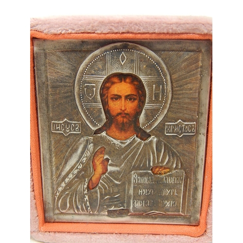 344 - C19th Russian Silver Icons in Triptych Folding Frame: 84 Standard: Measures 22cm wide  x 8.2cm high