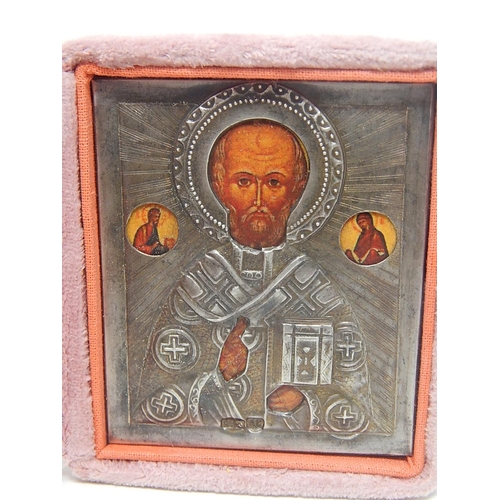 344 - C19th Russian Silver Icons in Triptych Folding Frame: 84 Standard: Measures 22cm wide  x 8.2cm high