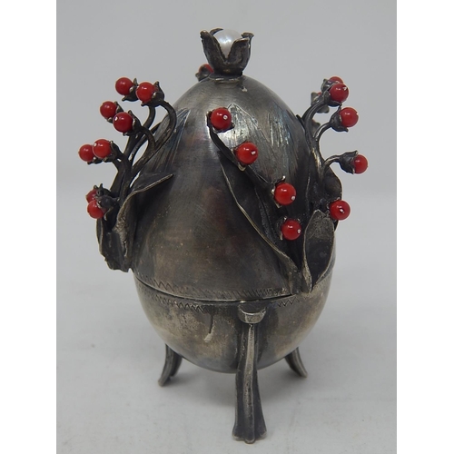 346 - RARE c19th Russian Silver Egg Dated 1878 with Branches of Red Berries & Inset with a Pearl to The To... 