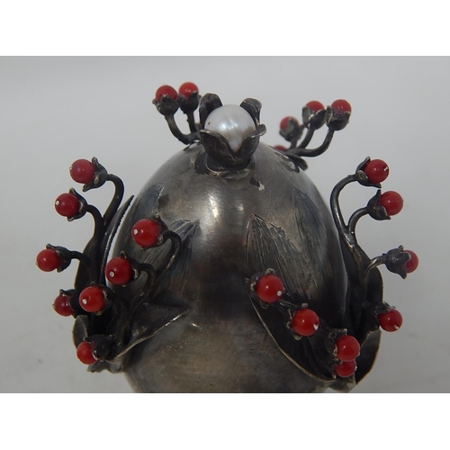 346 - RARE c19th Russian Silver Egg Dated 1878 with Branches of Red Berries & Inset with a Pearl to The To... 