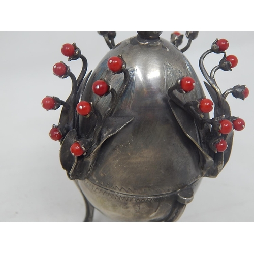 346 - RARE c19th Russian Silver Egg Dated 1878 with Branches of Red Berries & Inset with a Pearl to The To... 