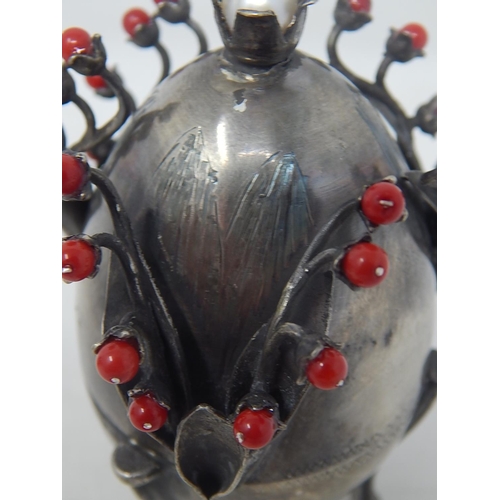 346 - RARE c19th Russian Silver Egg Dated 1878 with Branches of Red Berries & Inset with a Pearl to The To... 