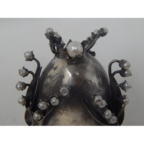 347 - RARE c19th Russian Silver Egg Dated 1878 with Branches of White Berries & Inset with a Pearl to The ... 