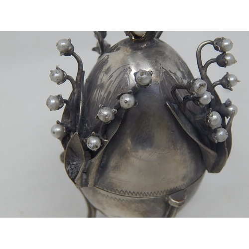 347 - RARE c19th Russian Silver Egg Dated 1878 with Branches of White Berries & Inset with a Pearl to The ... 