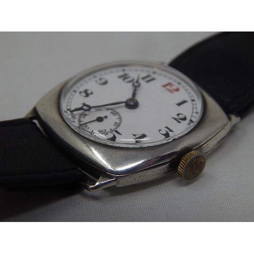 358 - Vintage Silver Gentleman's Wristwatch with White Enamel Dial & Subsidiary Seconds Dial on Black Leat... 