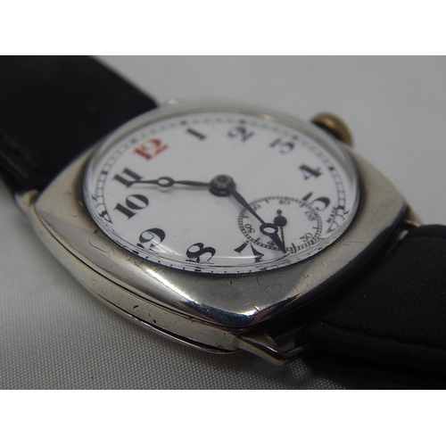 358 - Vintage Silver Gentleman's Wristwatch with White Enamel Dial & Subsidiary Seconds Dial on Black Leat... 