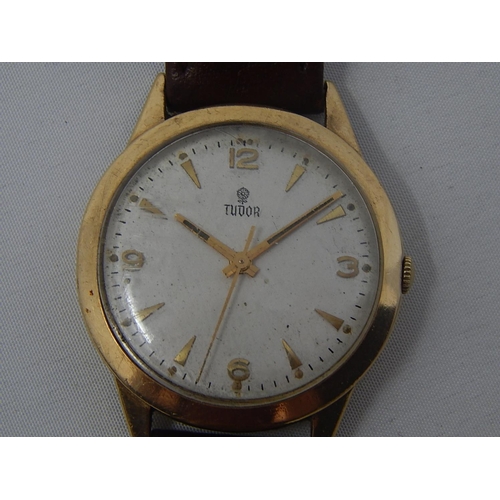 359 - ROLEX Tudor 9ct Hallmarked Gold Gentleman's Wristwatch with Sweep Seconds Hand on Tan Calf Leather S... 