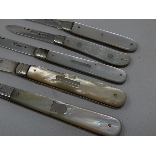 363 - Five Hallmarked Silver & Mother of Pearl Hafted Fruit Knives: Various Dates & Makers.