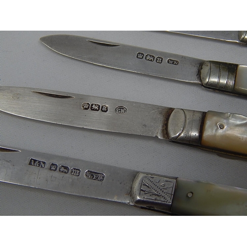 363 - Five Hallmarked Silver & Mother of Pearl Hafted Fruit Knives: Various Dates & Makers.