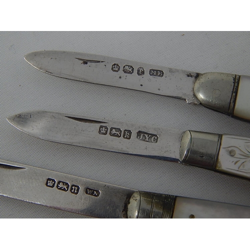 363 - Five Hallmarked Silver & Mother of Pearl Hafted Fruit Knives: Various Dates & Makers.