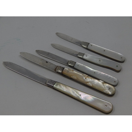 363 - Five Hallmarked Silver & Mother of Pearl Hafted Fruit Knives: Various Dates & Makers.