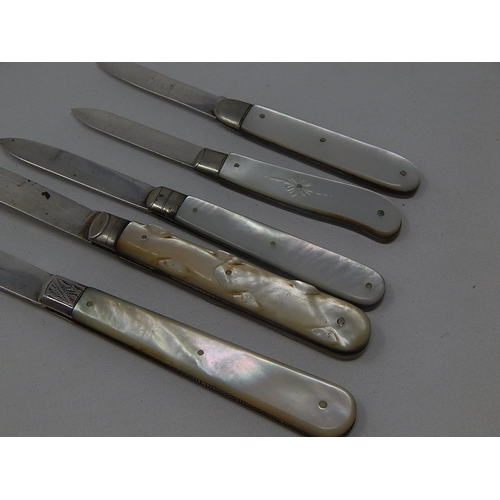 363 - Five Hallmarked Silver & Mother of Pearl Hafted Fruit Knives: Various Dates & Makers.